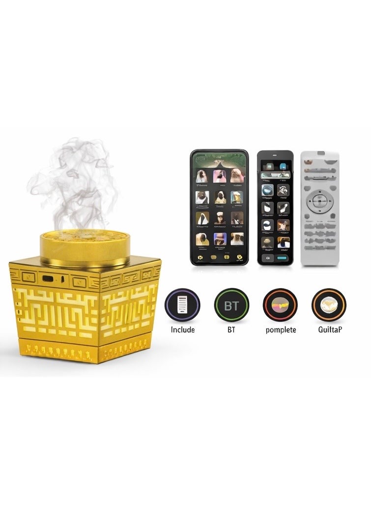 تلواح •	🔥 Electric Bakhoor Burner – Fast heating system for quick smoke without charcoal 	•	📖 Complete Holy Quran Speaker – Full Quran recitation with multiple reciters 	•	🎵 Bluetooth Connectivity – Connect mobile phone for audio playback 	•	🎮 Remote Control Included – Easy control for Quran, volume & functions 	•	💡 Elegant LED Light Design – Luxury Arabic pattern with soft illumination 	•	🔋 Rechargeable Battery – Portable & cordless use 	•	⏱️ Auto Shut-Off – Automatically turns off after bakhoor burns 	•	🕌 Perfect for Home, Majlis & Gifts - Image 1